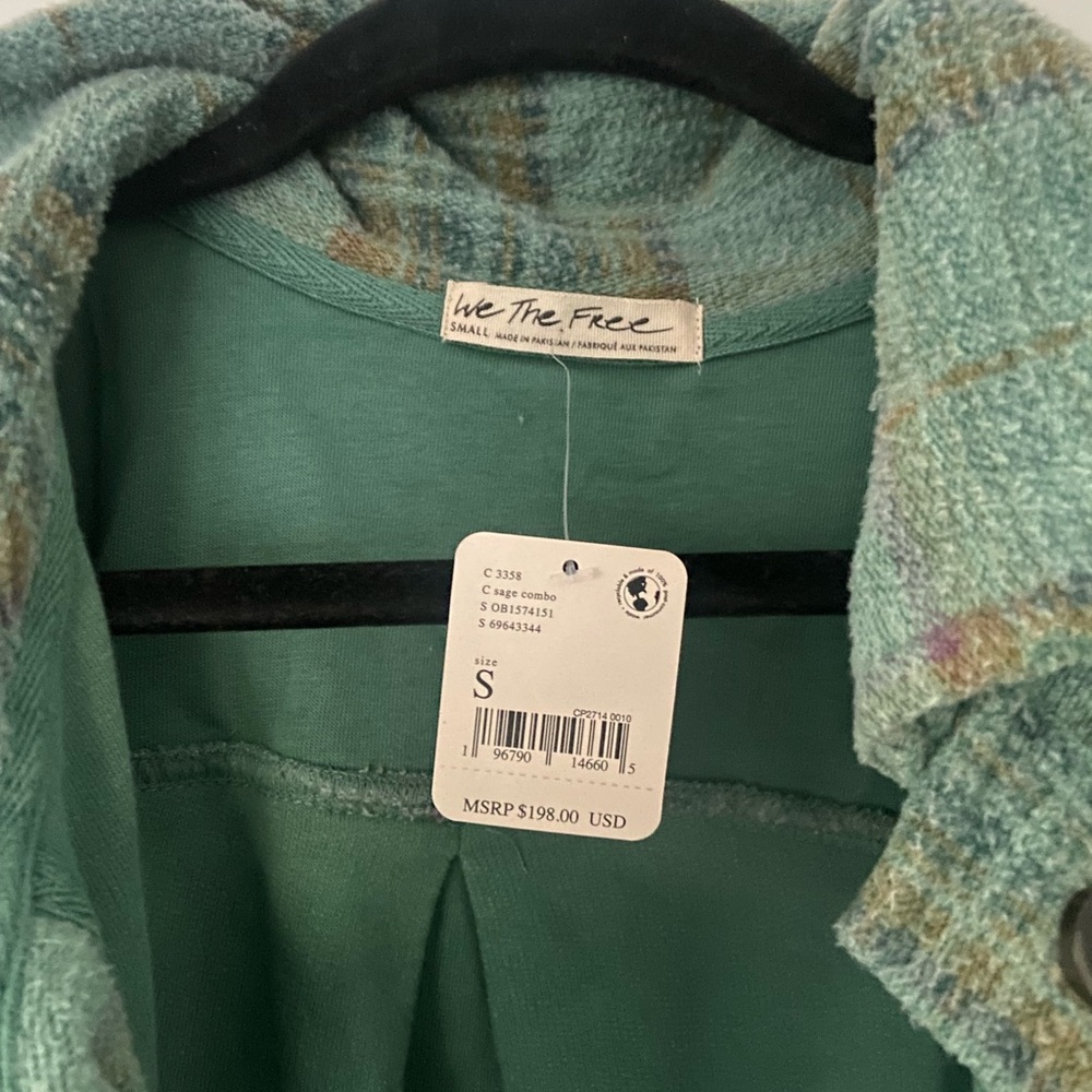Free People Aqua Plaid Long Shacket with Gold & Green Accents - Picture 5 of 6